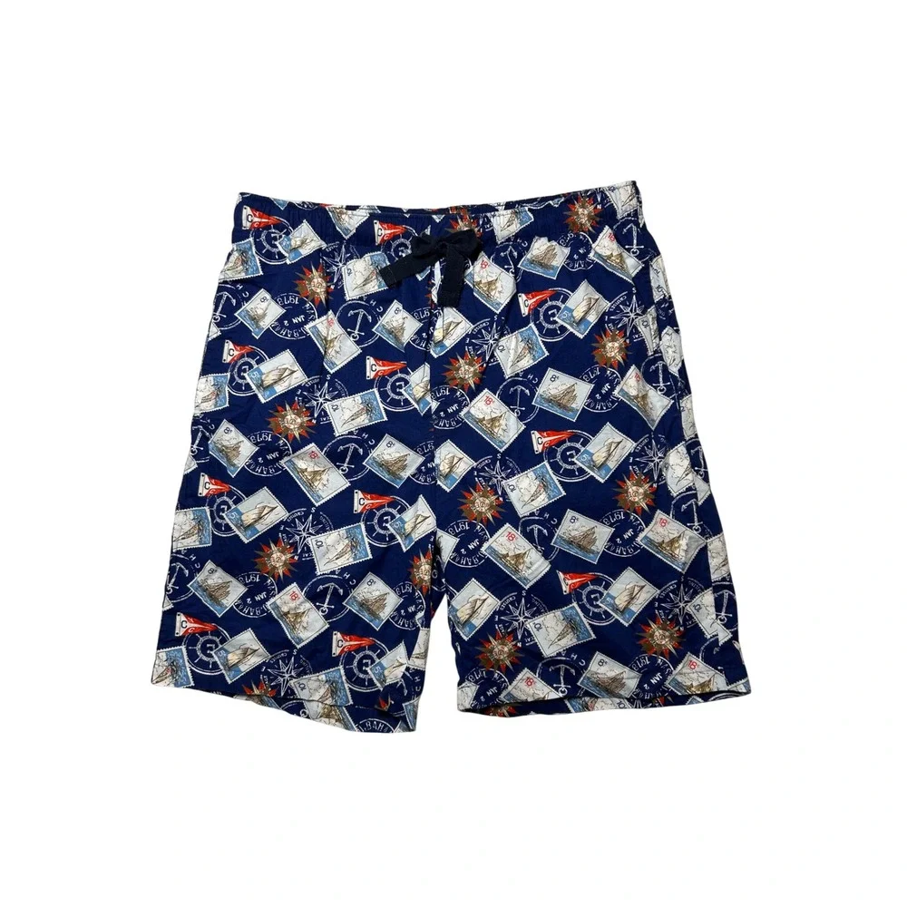 Chaps Mens Nautical Sailboat Print Shorts Blue Cotton Sleepwear Lounge Preppy L